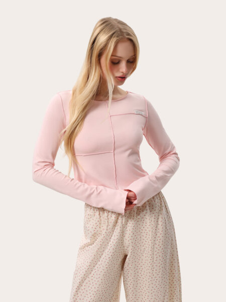 Longsleeve skrócony z zewnętrznymi szwami - Różowy