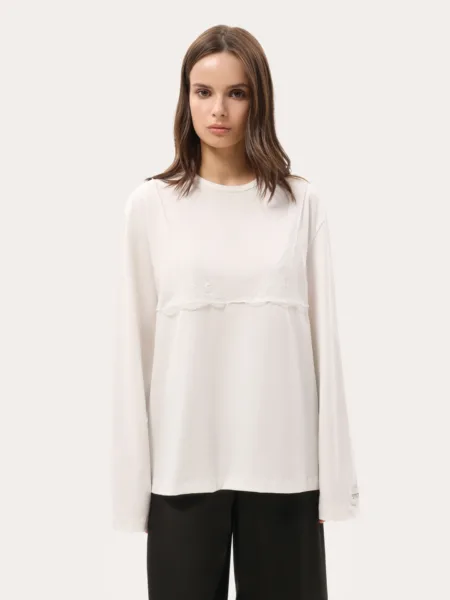 Longsleeve oversize z koronką na dekolcie - Biały