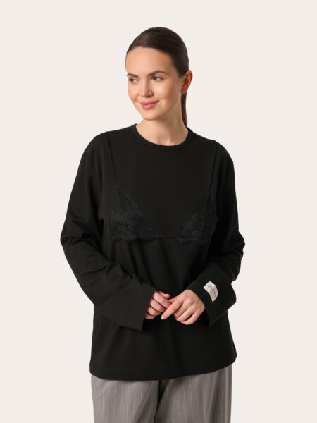 Longsleeve oversize z koronką na dekolcie - Czarny