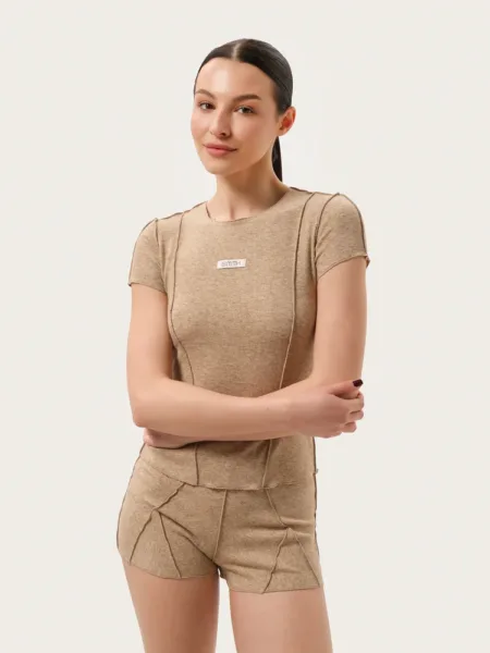 Zestaw prążkowany: szorty i t-shirt - Cappuccino