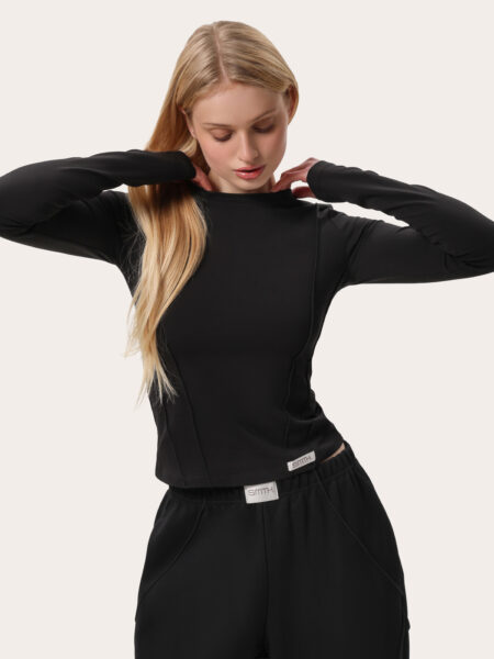 Longsleeve dopasowany z przeszyciami - Czarny