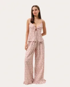 Piżama z muślinu w leopardzi print: top i spodnie z falbanami - Różowy