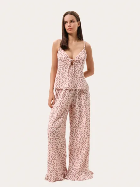Piżama z muślinu w leopardzi print: top i spodnie z falbanami - Różowy