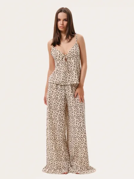 Piżama z muślinu w leopardzi print: top i spodnie z falbaną - Beżowy