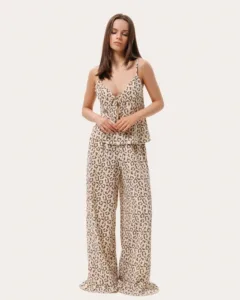 Piżama z muślinu w leopardzi print: top i spodnie z falbaną - Beżowy