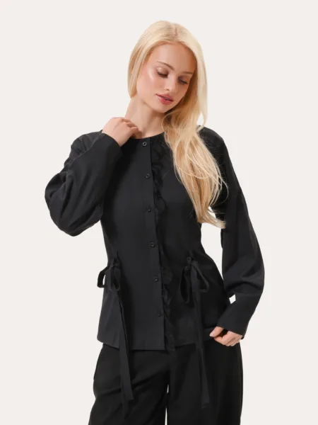 Koszula dopasowana z koronką i kokardkami - Czarny