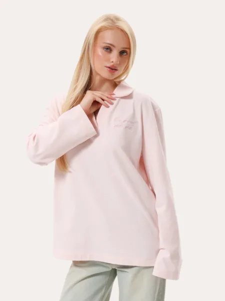 Longsleeve polo oversize z haftem - Różowy