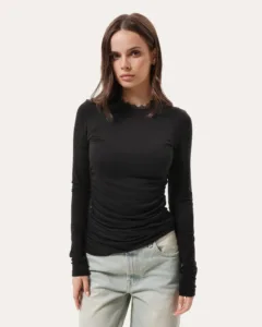 Longsleeve dopasowany z marszczeniem po bokach i koronką - Czarny