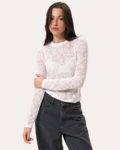 Longsleeve dopasowany koronkowy - Kremowy